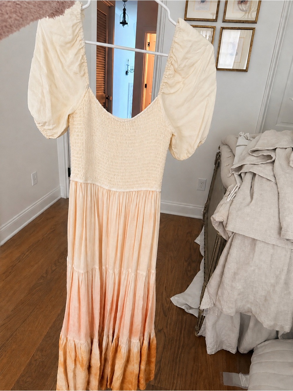 Storia Cream to Peach Ombre Maxi Dress with Puff Sleeves